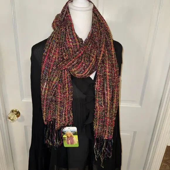 Mucros Weavers multicolor, handwoven-style scarf with fringe. 14” x 73” - Picture 2 of 7